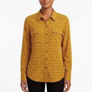 TWO by Vince Camuto Retro Chain Print Button Down Shirt Mustard Yellow XL
